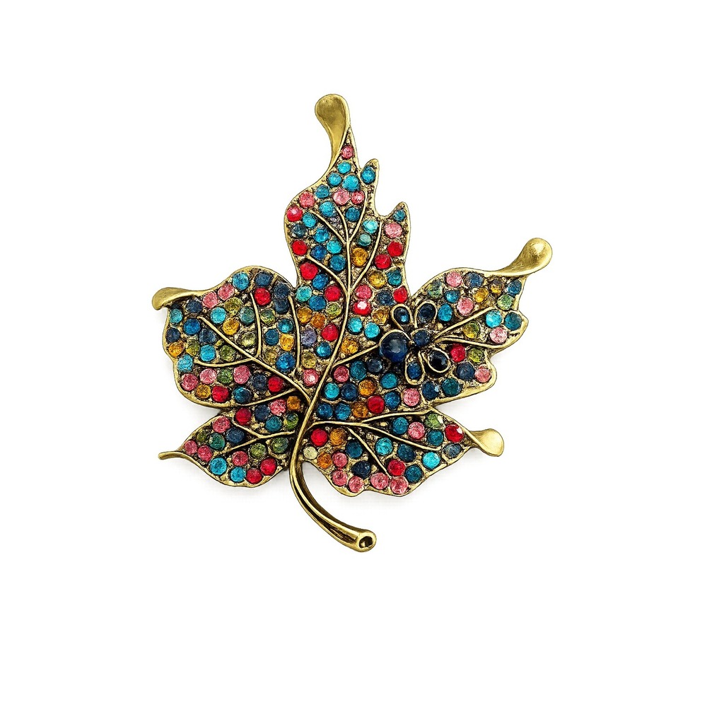 NEW Colorful Rhinestone Maple Leaf Brooch Pin Gold Tone Autumn Fall Fashion